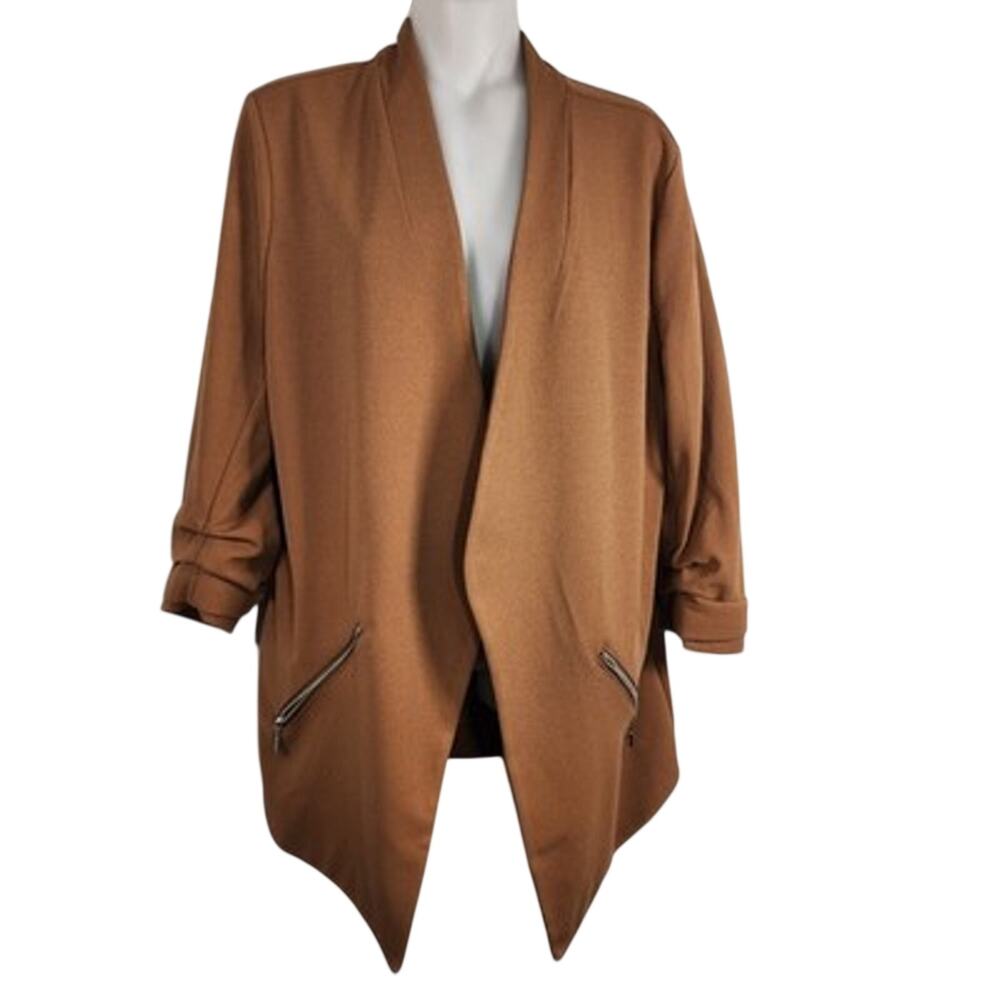 Maurices Womens Blazer Open Front Zip Faux Pockets Ruched Sleeves Size 0X Brown